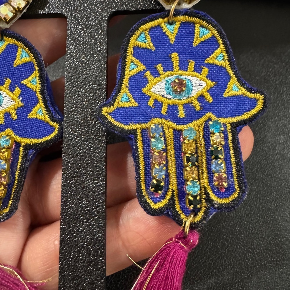 Handmade Hamsa Evil Eye Earrings Embroidered Blue Gold Crystal Tassel Dangles - Picture 4 of 5